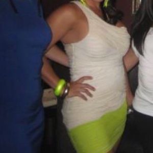 BEBE Off-white/beige/lime green one-shoulder cocktail dress